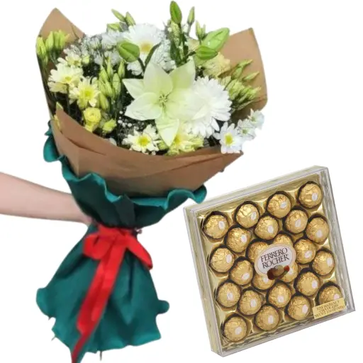 Ramo de flores de estacion blanco con bombones rocher x 24